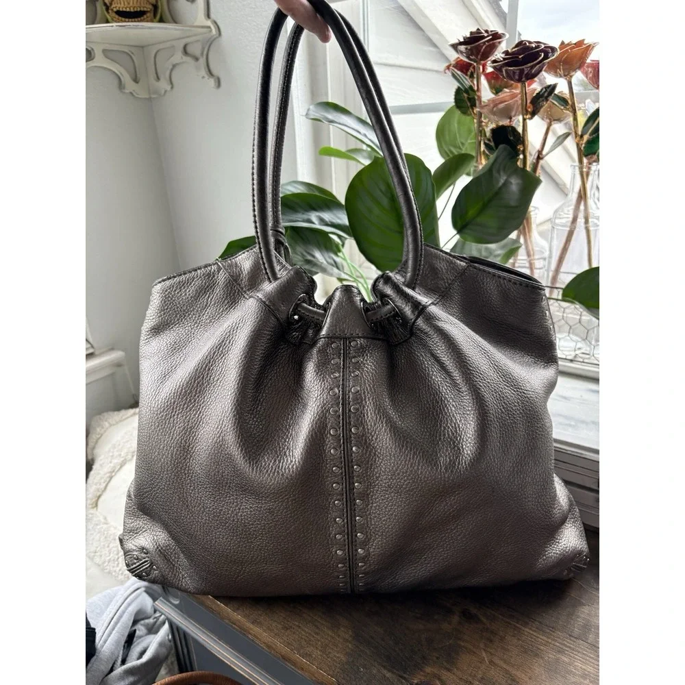 Michael Kors Metallic Pewter Pebbled Leather Studded Double Handle Tote Handbag